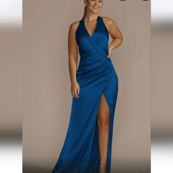 DAVIDS BRIDAL Charmeuse Chiffon Illusion Halter Dress in Blue. Size 2 NWT - Picture 3 of 15